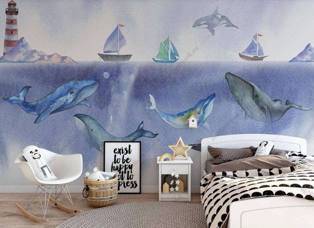 Фотообои в интерьере подводный мир китов  16-034 фото