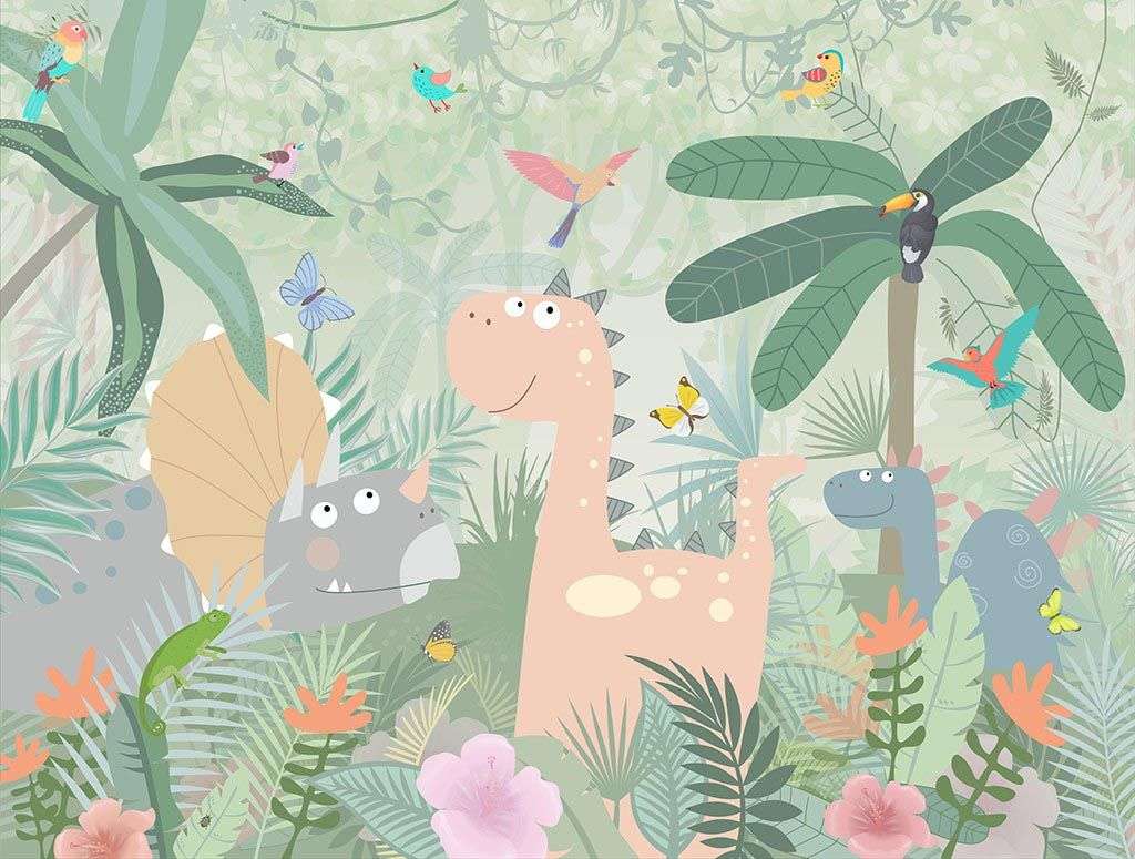 Фотообои в интерьере игривые динозаврики в детскую  12-1526 фото