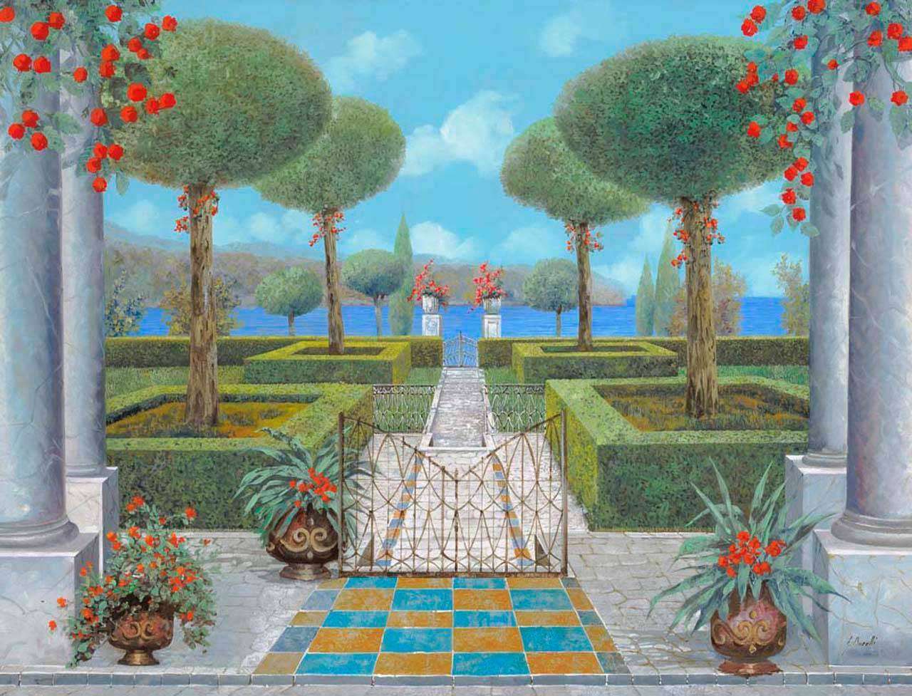 Фотообои в интерьере вид на колонны с выходом в парк  8-058 фото