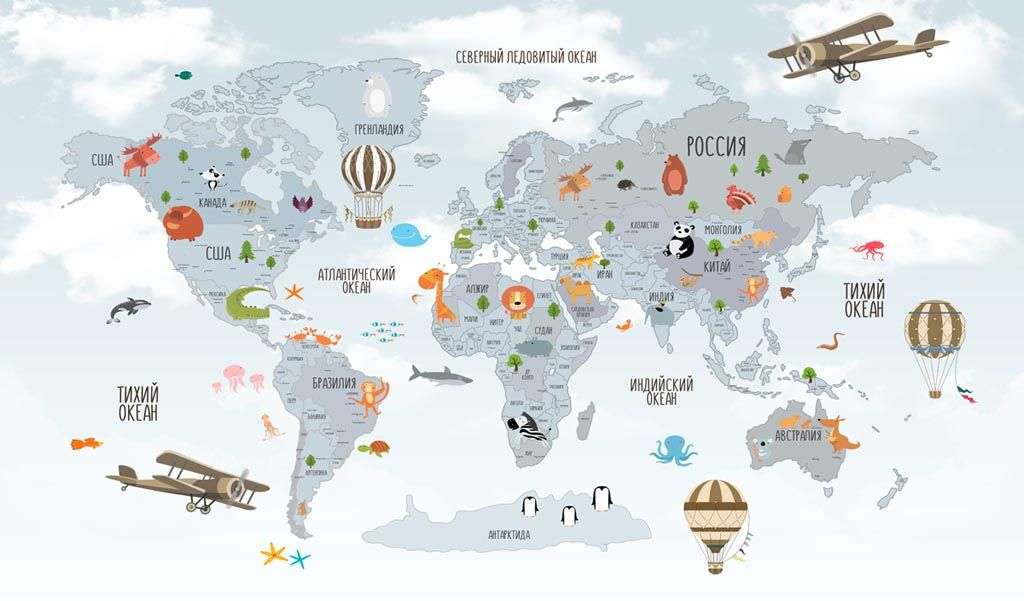 Фотообои в интерьере карта мира детская с самолетами  12-968 фото