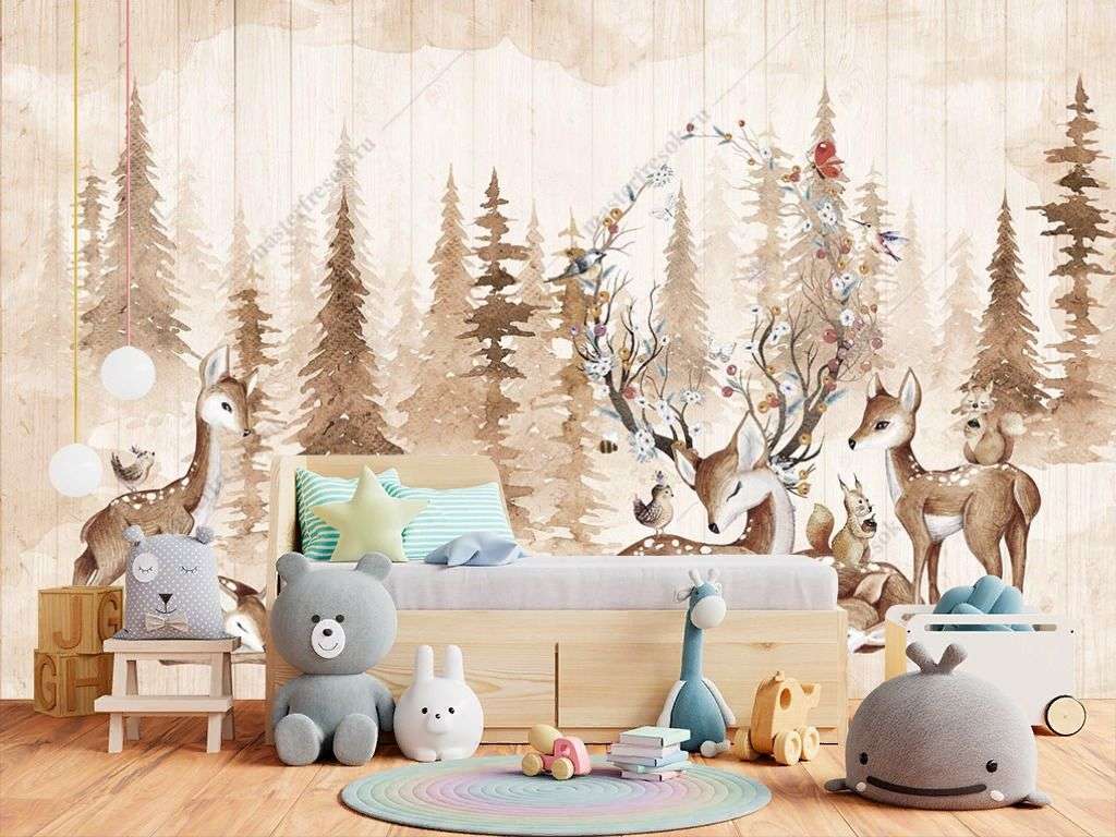 Фотообои в интерьере оленята на фоне леса  14-228 фото