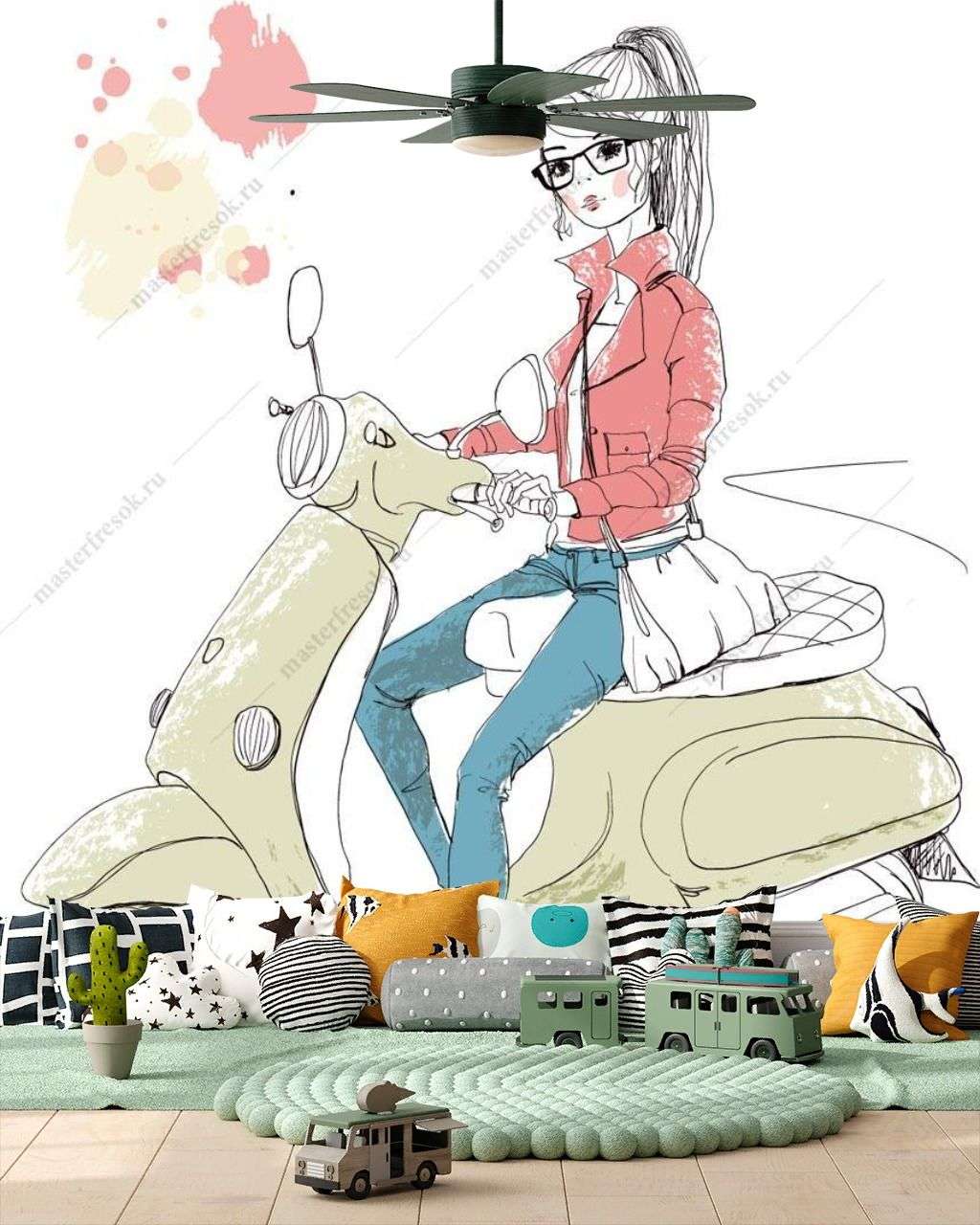 Фотообои в интерьере девушка на скутере  12-1245 фото