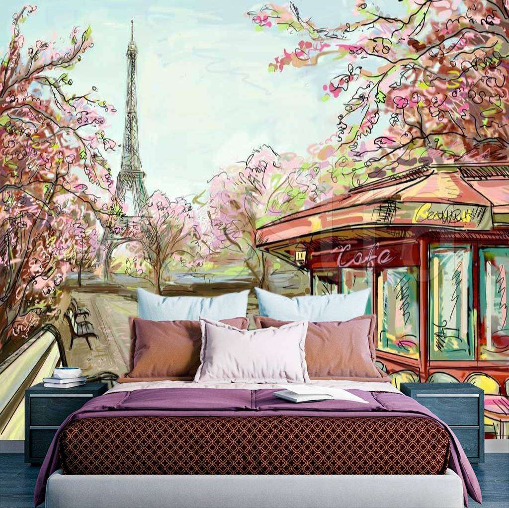 Фотообои в интерьере улочка в париже с видом на эйфелеву башню карандашами  9-774 фото