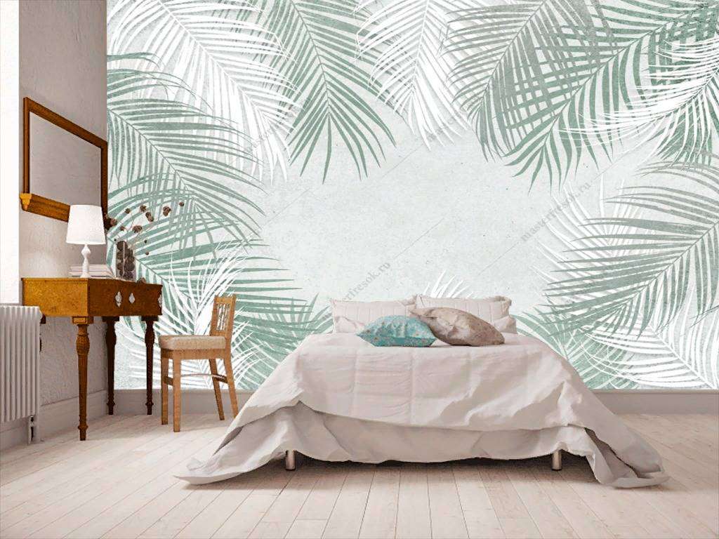 Фотообои в интерьере бело-серые листья  10-736 фото