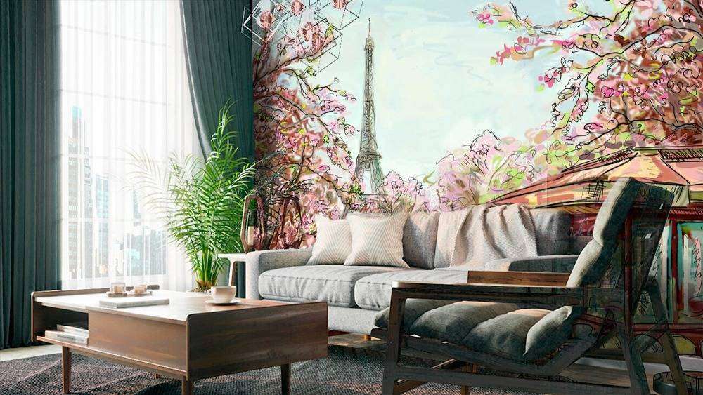 Фотообои в интерьере улочка в париже с видом на эйфелеву башню карандашами  9-774 фото