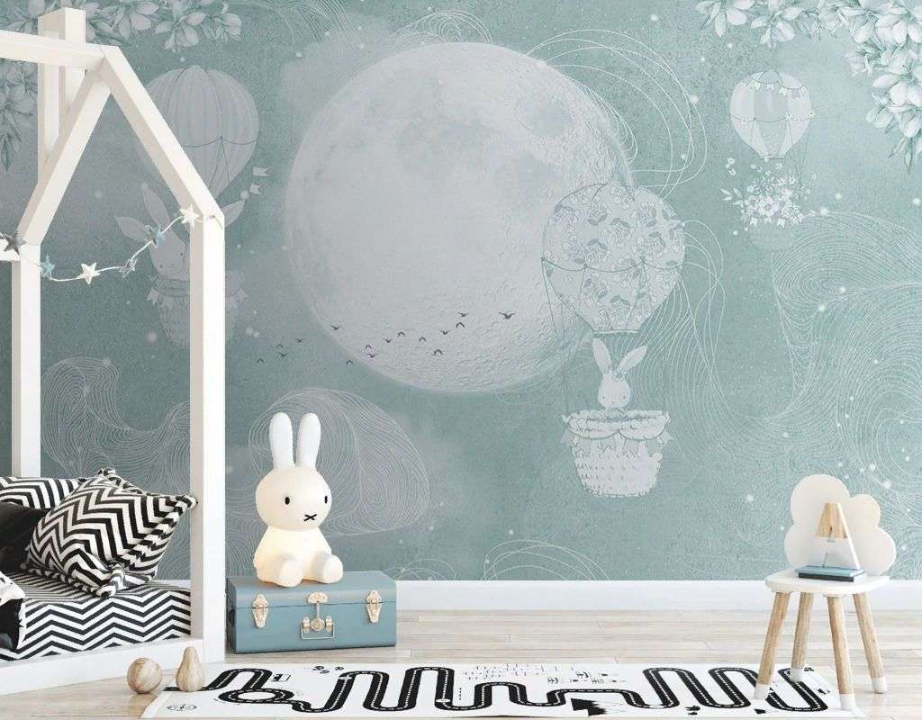 Фотообои в интерьере детские. зайки летят на шариках  12-1625 фото