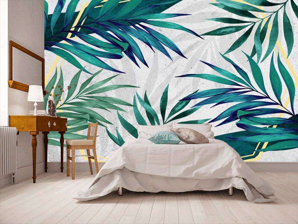 Фотообои в интерьере яркие тропические листья  10-721 фото
