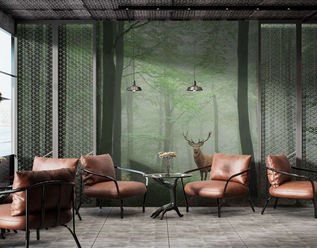 Фотообои в интерьере зеленый лес с оленем  9-1530 фото