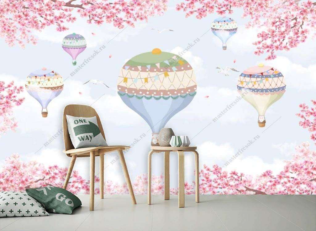 Фотообои в интерьере зайчики на воздушных шариках  14-123 фото