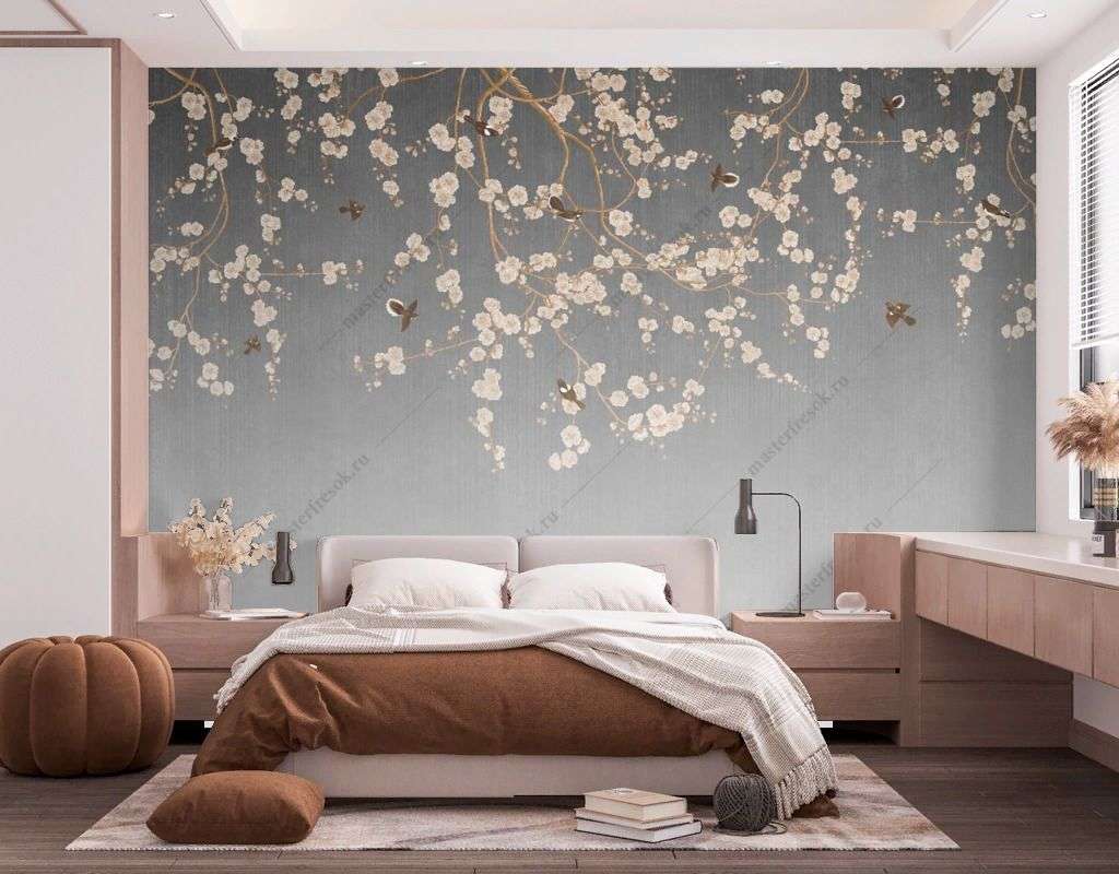 Фотообои в интерьере веточка сакуры и птицы  9-1481 фото