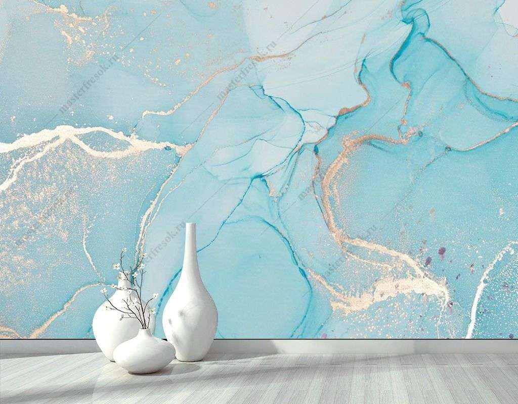Фотообои в интерьере мрамор голубой с золотом  9-1783 фото