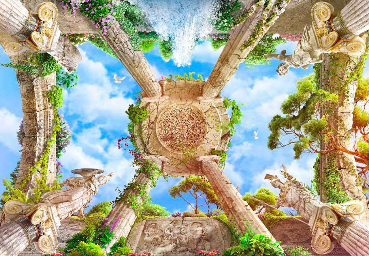 Фотообои в интерьере потолочный сюжет с классическими колоннами  11-132 фото