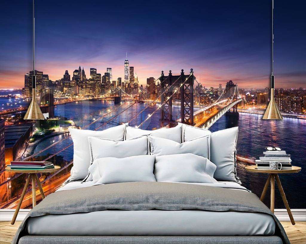Фотообои в интерьере ночной мост нью йорка с подсветкой  9-819 фото
