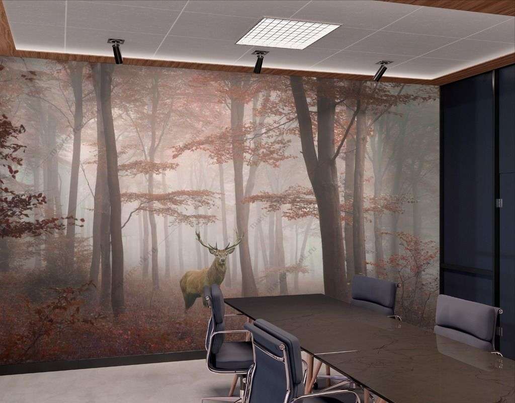 Фотообои в интерьере осенний лес с оленем  9-1529 фото