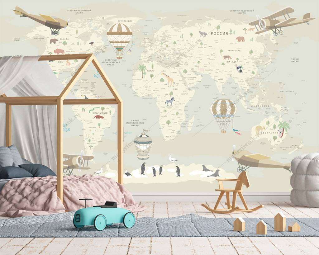 Фотообои в интерьере карта детская светлая  12-976 фото