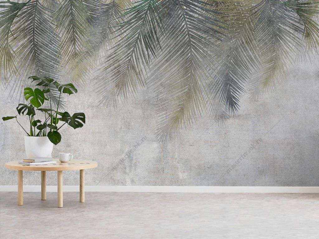 Фотообои в интерьере листья свисающие серо-зеленые  9-1866 фото