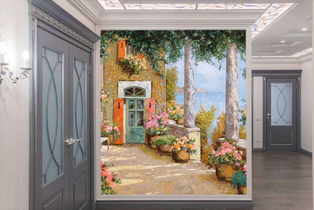 Фотообои в интерьере дворик с красивыми цветами и видом на море  8-078 фото