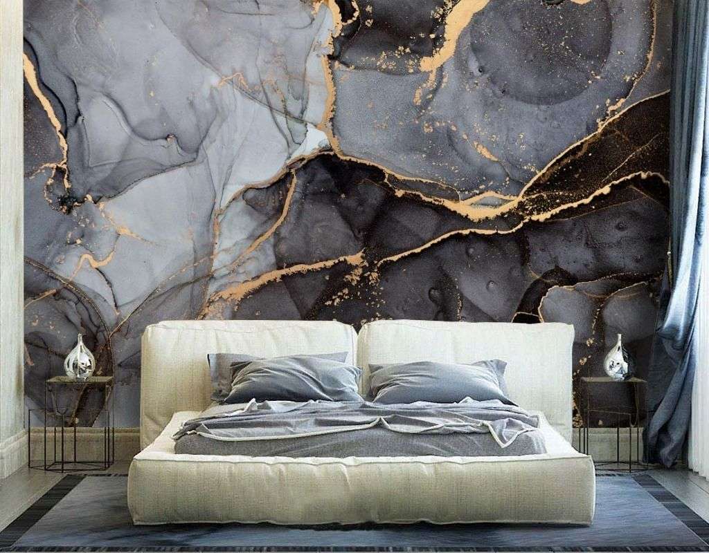 Фотообои в интерьере мрамор золото на черном  9-2054 фото