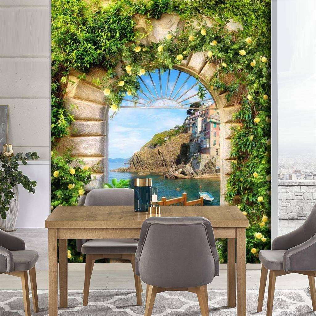 Фотообои в интерьере арка с желтыми цветами к морю  17-0123 фото