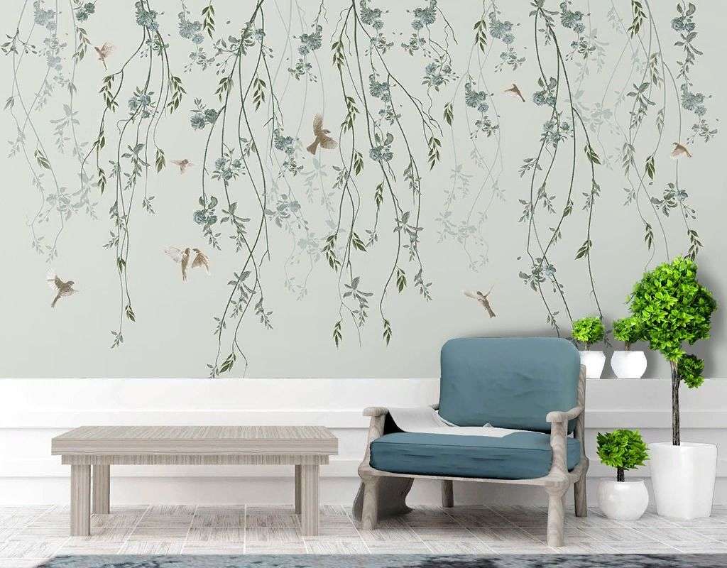 Фотообои в интерьере ветви тонкие с птицами   14-757 фото