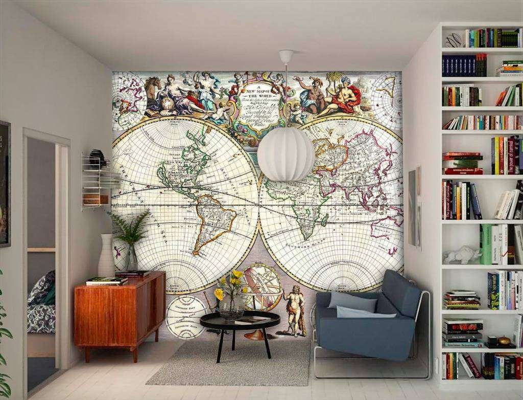 Фотообои в интерьере светлая старая карта  9-427 фото