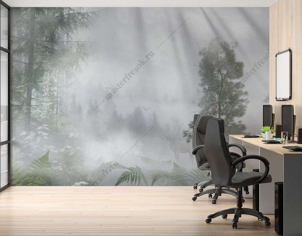 Фотообои в интерьере лучи солнца в туманном лесу  13-465 фото