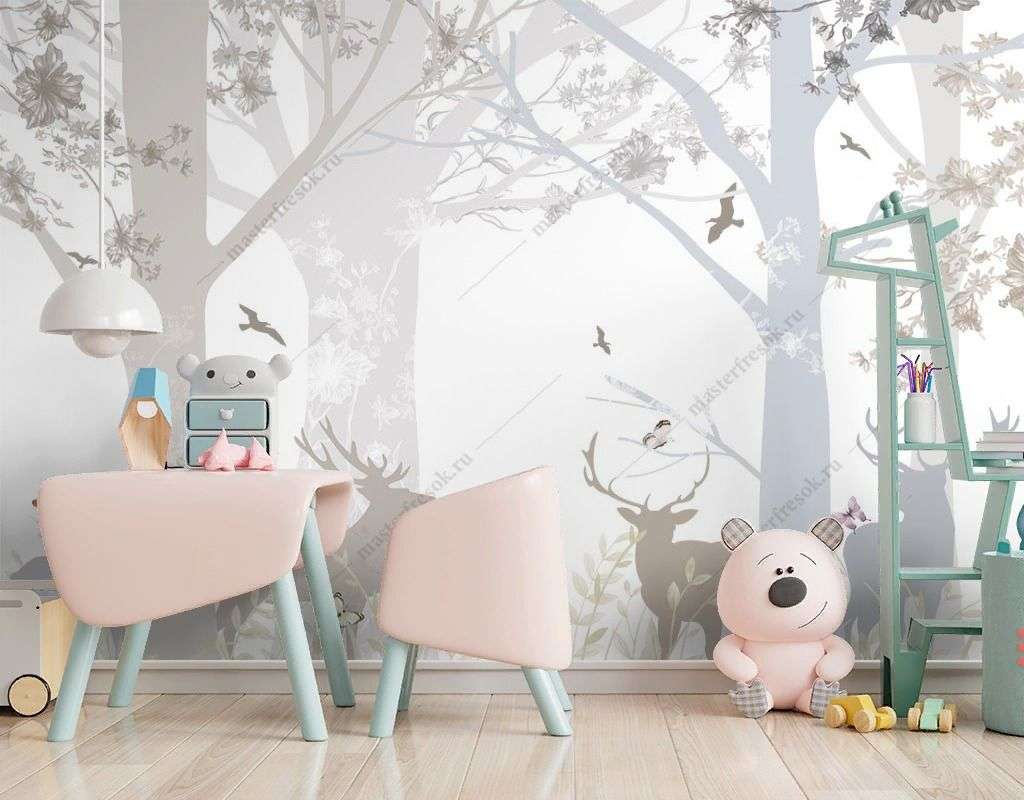 Фотообои в интерьере олени в лесу  14-475 фото