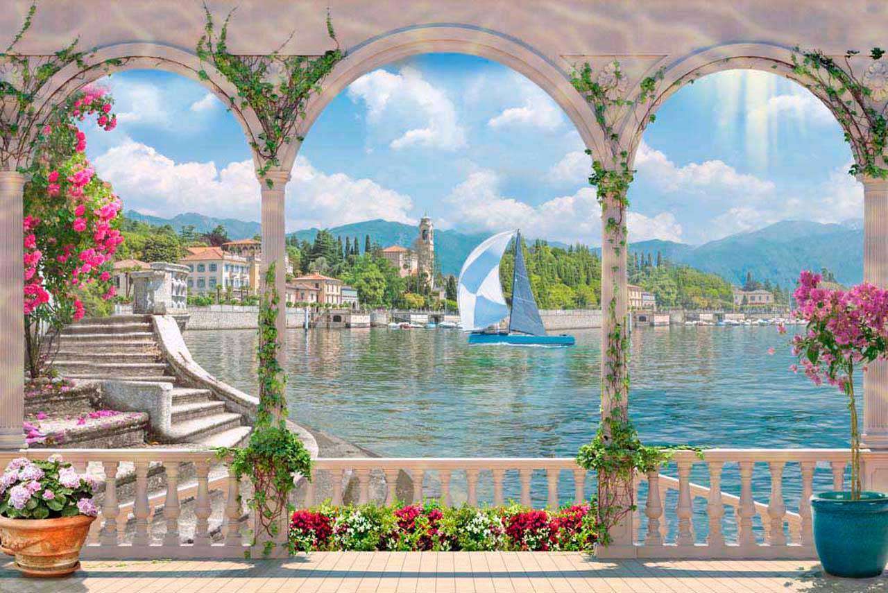 Фотообои в интерьере вид через арки на море  6-029 фото