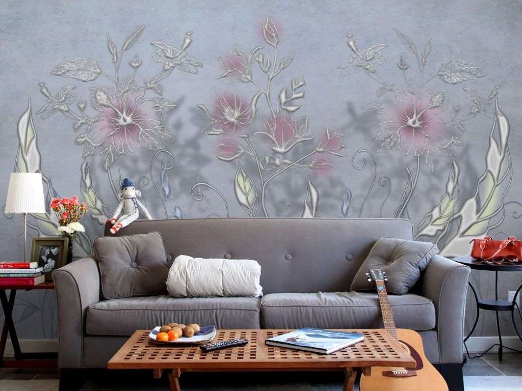 Фотообои в интерьере объемный рисунок цветы  13-746 фото