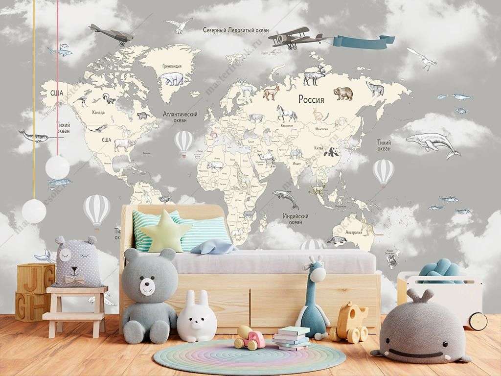 Фотообои в интерьере белая карта с названиями стран  14-282 фото
