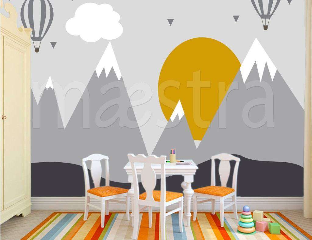 Фотообои в интерьере горы с оранжевым солнцем  12-442 фото