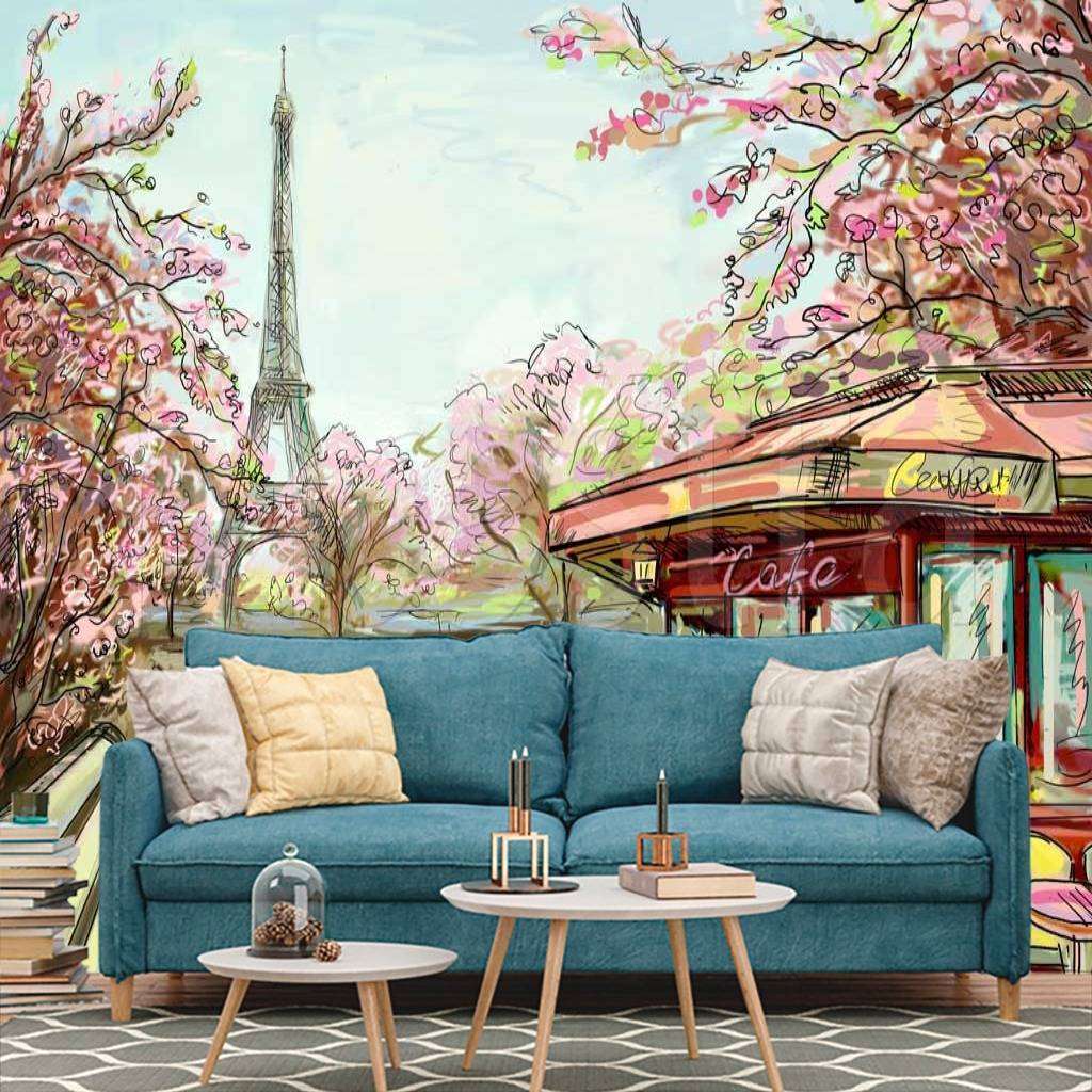Фотообои в интерьере улочка в париже с видом на эйфелеву башню карандашами  9-774 фото