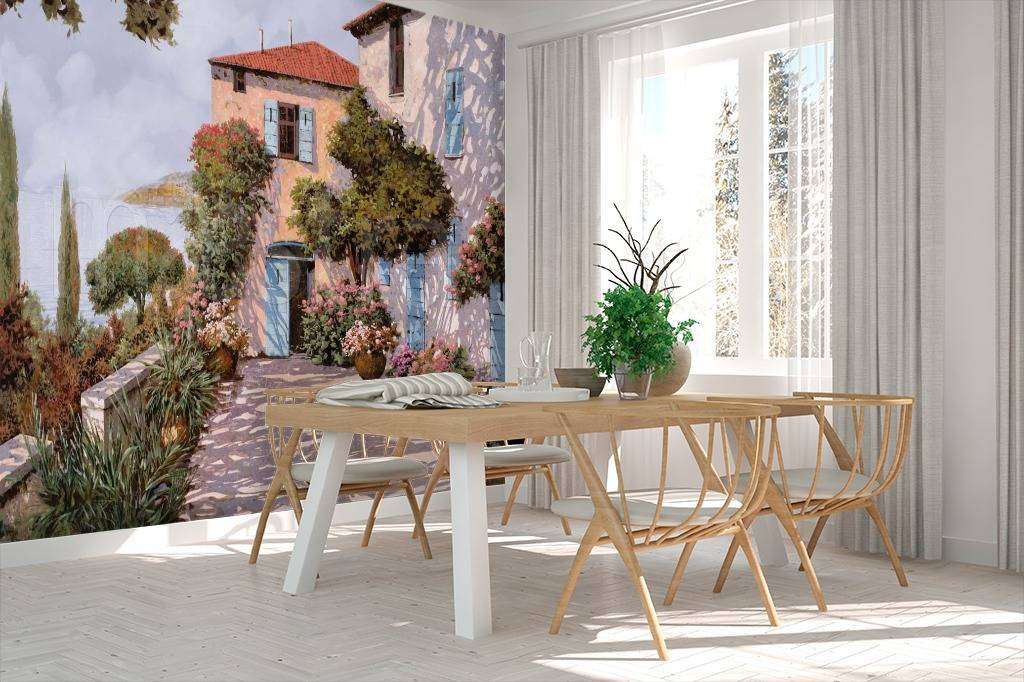 Фотообои в интерьере уютный солнечный дворик с видом на море  8-080 фото