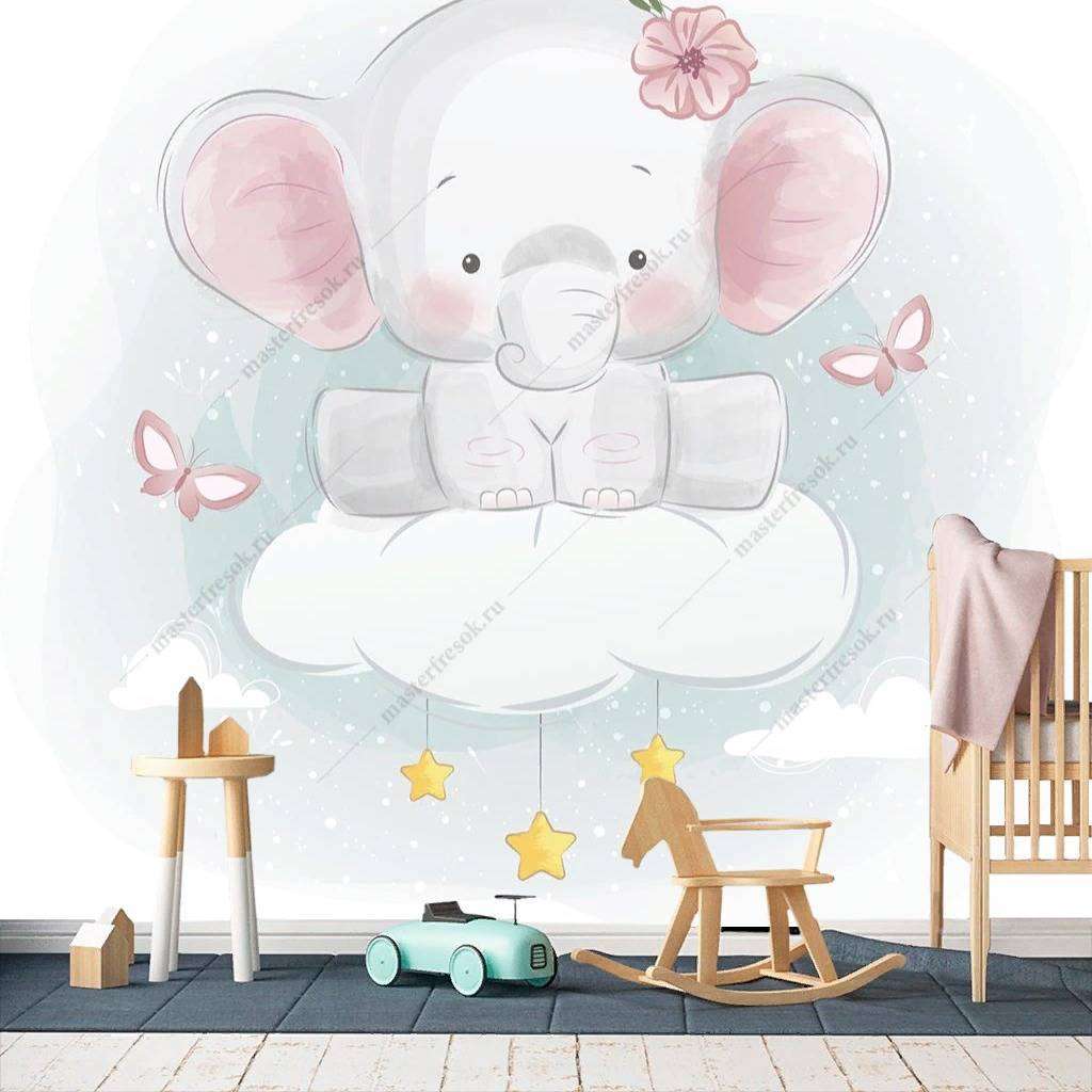 Фотообои в интерьере слоник на облачке  12-458 фото