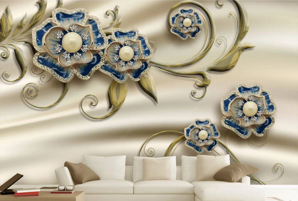 Фотообои Золотые завитки и синие цветы  15-781