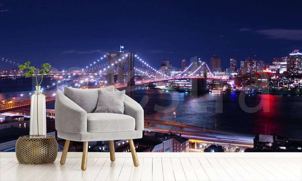 Фотообои в интерьере ночной бруклинский мост в синеве  9-848 фото
