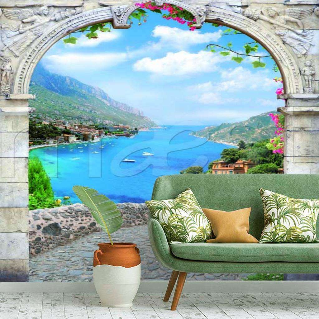 Фотообои в интерьере арка с видом на город у моря  11-061 фото