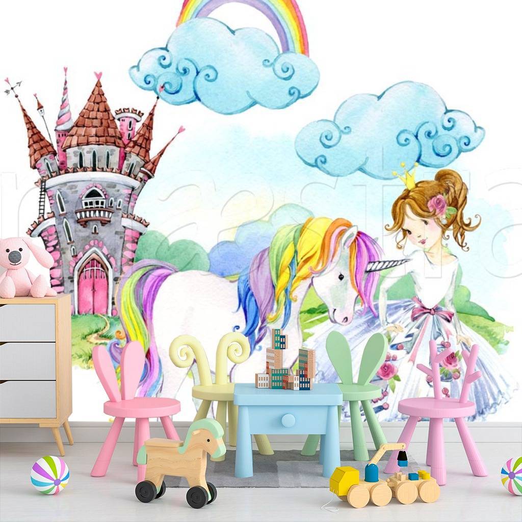 Фотообои Девочка гуляет по замку с единорогом  12-349
