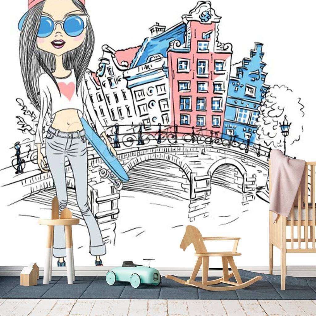 Фотообои в интерьере девочка в городе  12-492 фото