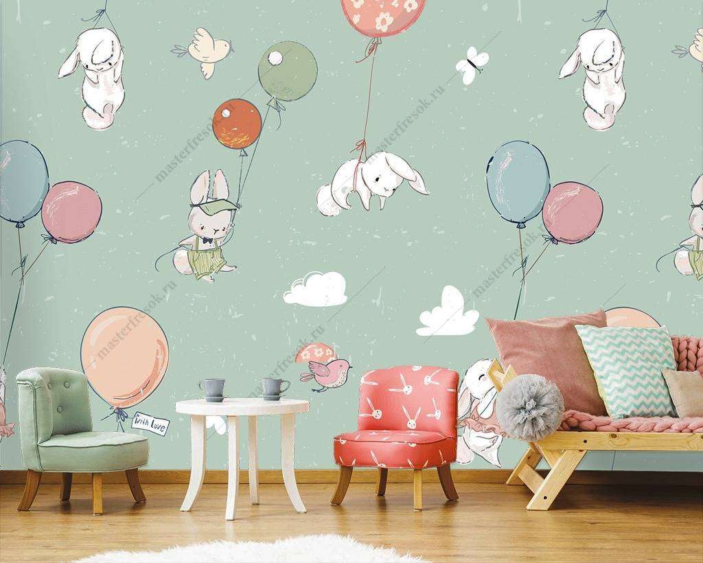Фотообои Бесшовные обои на стену:  Зайки на воздушных шарах. Артикул: 12-731  