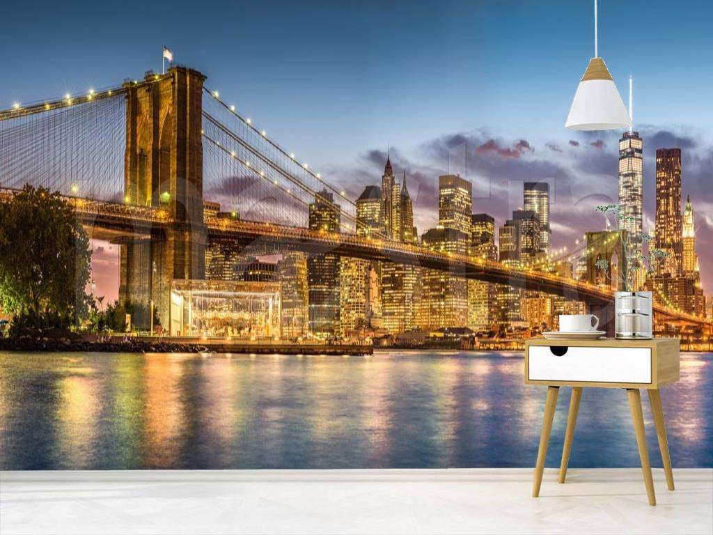 Фотообои в интерьере ночной бруклинский мост панорама  9-828 фото
