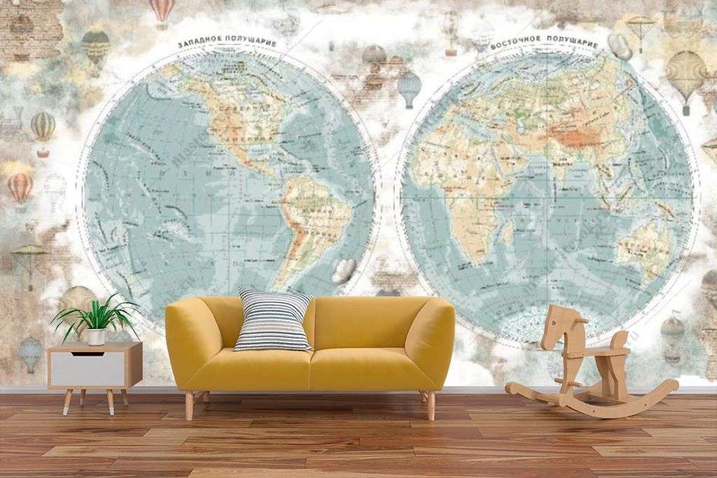 Фотообои в интерьере винтажная карта мира  14-585 фото