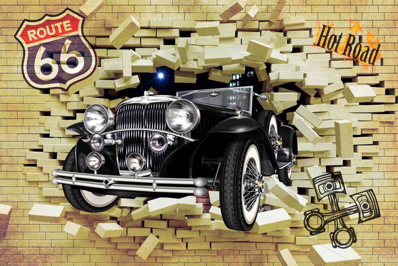 Фотообои в интерьере ретро автомобиль выезжает из стены  12-385 фото