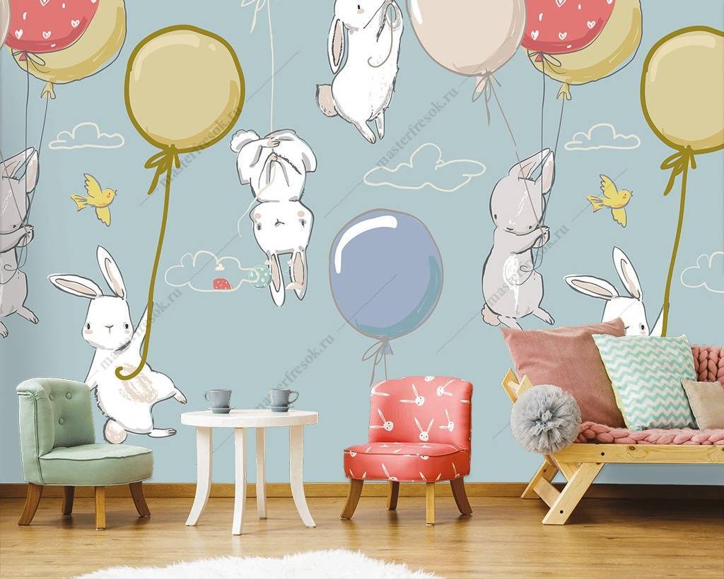 Фотообои Зайчики на воздушных шарах  12-724