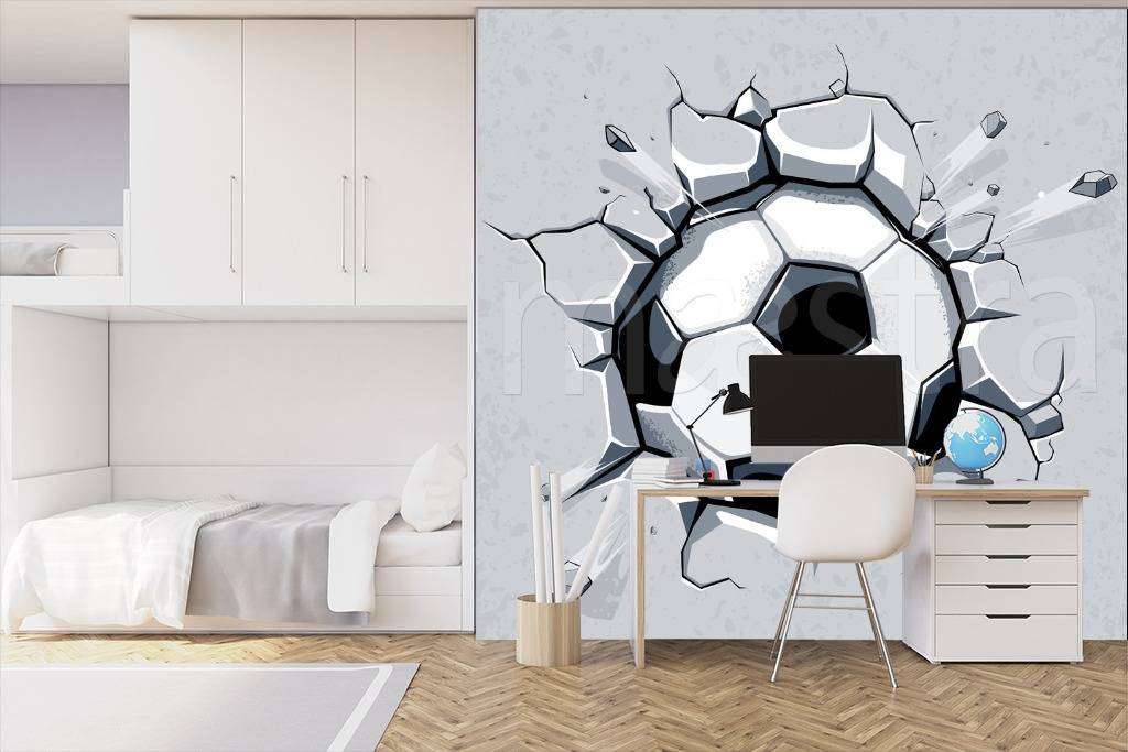 Фотообои в интерьере футбольный мяч пробил стену  12-519 фото