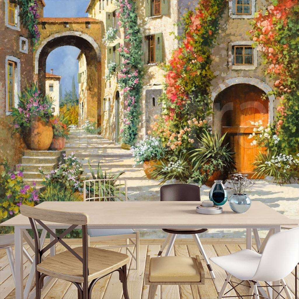 Фотообои в интерьере просторная улочка с арками  8-017 фото