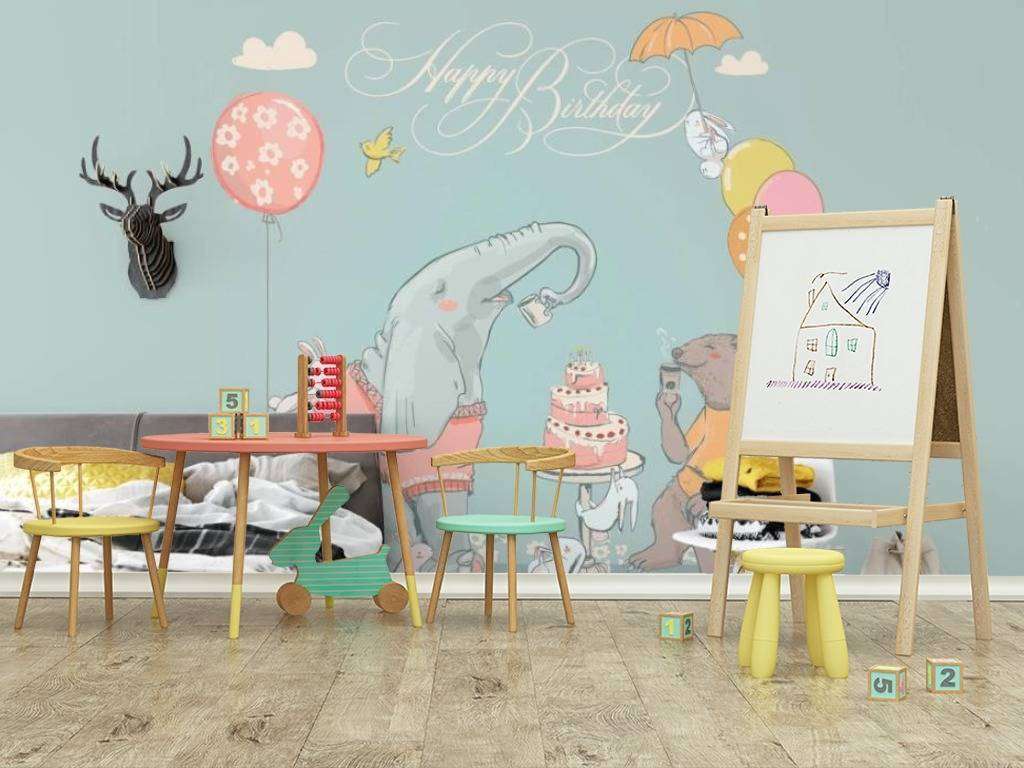 Фотообои в интерьере слон и мишка на дне рождения  15-313 фото