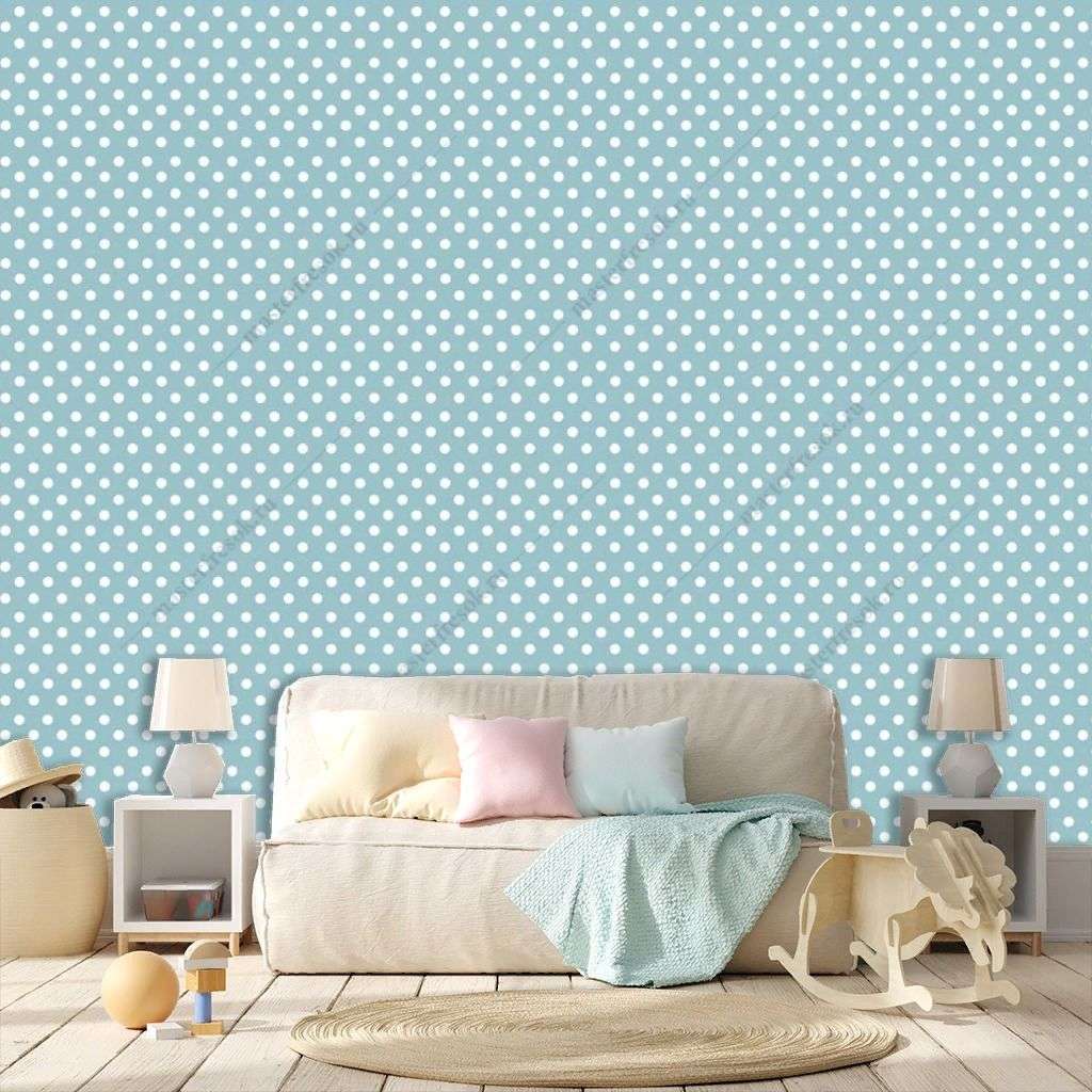 Фотообои в интерьере голубой фон в горошек  14-619 фото