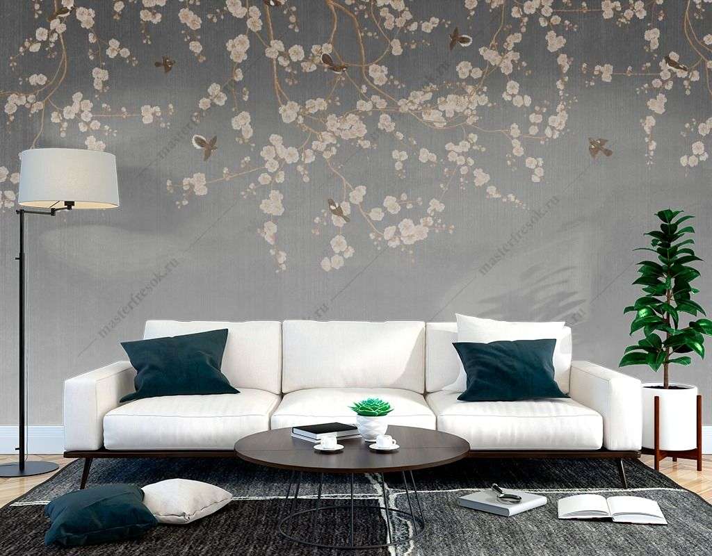 Фотообои в интерьере веточка сакуры и птицы  9-1481 фото