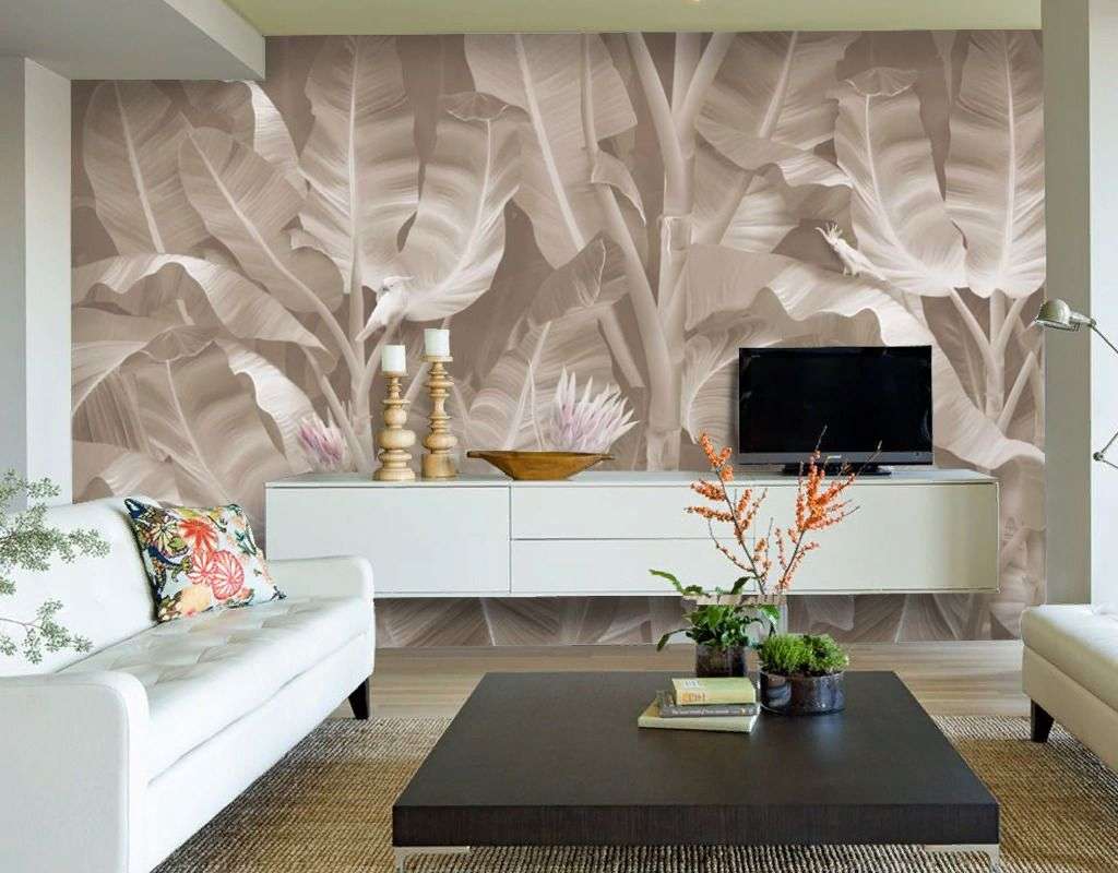 Фотообои в интерьере в гостиную тропические листья бежевый фон   13-666 фото